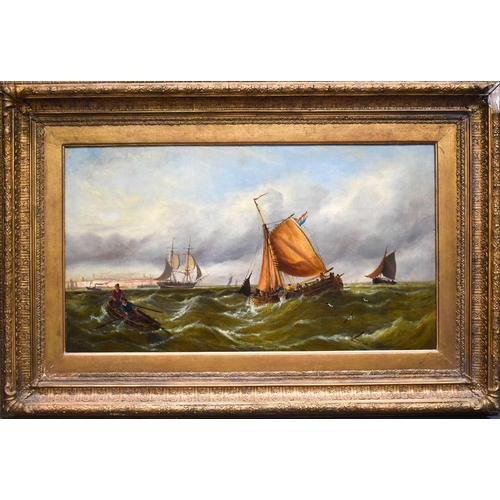 14 - A 19th century oil on canvas, depicting fishing boats in choppy seas, unsigned, 44 by 90cm.