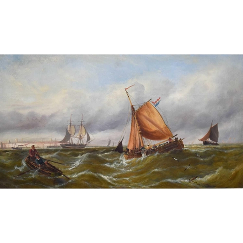 14 - A 19th century oil on canvas, depicting fishing boats in choppy seas, unsigned, 44 by 90cm.