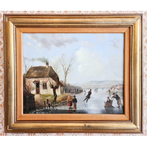 17 - 19th Century School: A frozen river with houses, oil on board, unsigned, 28 x 35 cm