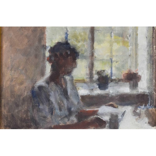 21 - Bernard Dunstan RA (b.1920): interior scene of a lady reading, signed with initials, oil on board, 1... 