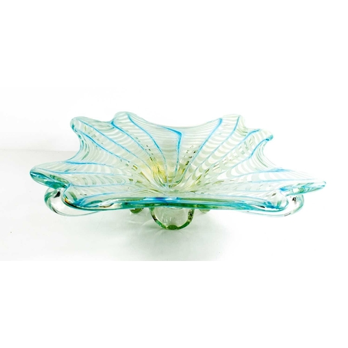 235 - A large Murano glass bowl, in blue, white and gold, raised on four feet, 38 by 36cm.