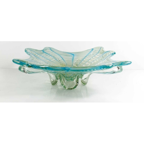 235 - A large Murano glass bowl, in blue, white and gold, raised on four feet, 38 by 36cm.