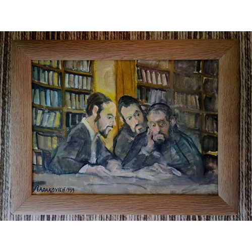 29 - James Radakovich (20th century): three gentlemen studying, oil on board, signed and dated 1999, 32 b... 