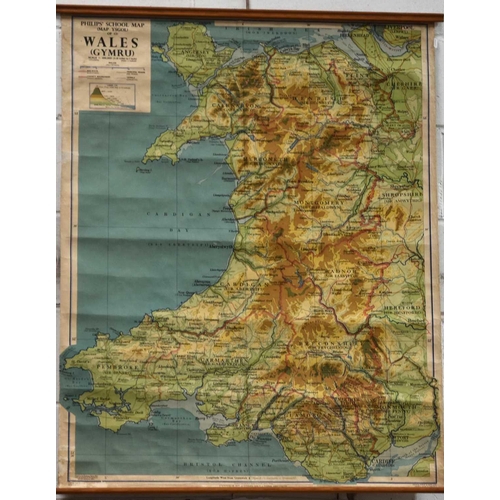 308 - Two vintage George Philips and Sons canvas wall hanging maps of Europe and Wales.