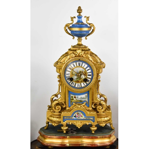 350 - A late 19th century French clock garniture, by Brunfaut in the Louis XVI style, the gold coloured me... 