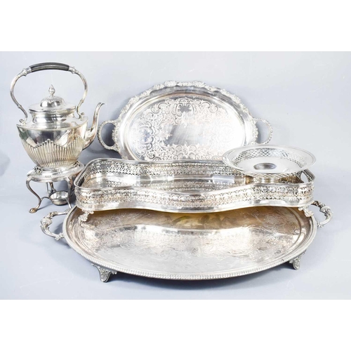 377 - A group of silver plateware, to include kettle on stand with burner, a shaped and galleried tray, tw... 