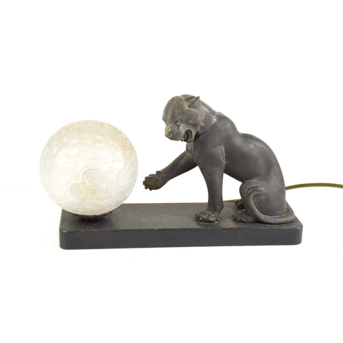 379 - An Art Deco style table lamp with panther and mottled glass globe.