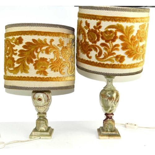 380 - A pair of agate table lamps with embroidered shades, 50cm and 45cm high with shades.