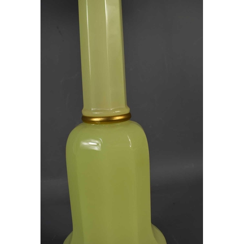 382 - A large Mid Century table lamp, with green glass base, and green shade, 106cm high to top of shade.