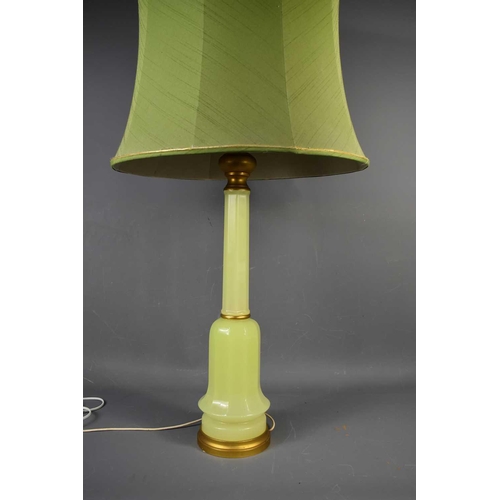 382 - A large Mid Century table lamp, with green glass base, and green shade, 106cm high to top of shade.