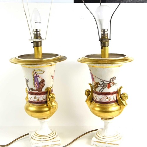 384 - A pair of French urn lamps depicting a Roman horse drawn chariot and other Neoclassical figures with... 