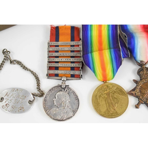 489 - A Boer War and WWI medal group with related paperwork to Harry A. Kirby army number 75319 and 13545,... 