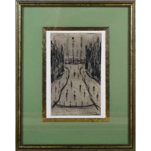 49 - Laurence Stephen Lowry pencil drawing of a street scene, signed LS Lowry 70 by 12cm.