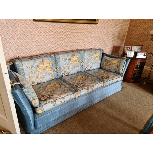 526 - A pair of antique Knowle settees, upholstered in cornflower blue, and drop down sides surmounted by ... 