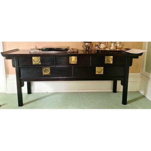 532 - A 20th century Chinese ebonised sideboard, the rectangular top over an arrangement of five drawers, ... 