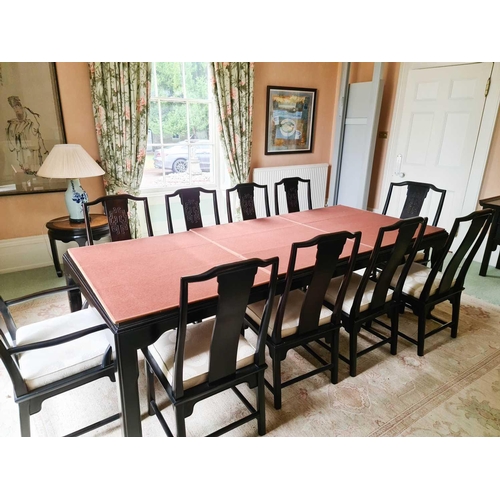 533 - A 20th century Chinese ebonised dining table, with satinwood inlaid top, on square legs, together wi... 