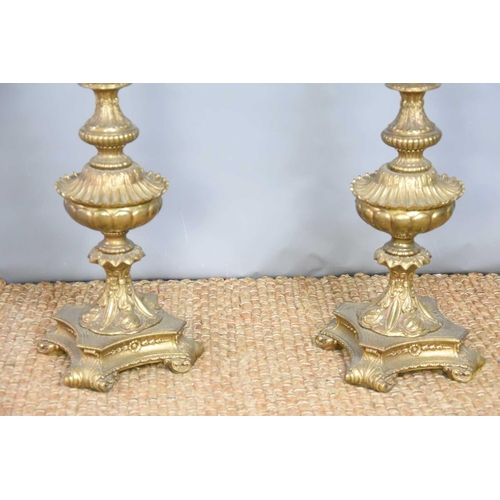 585 - A pair of 19th century brass standard lamps, , converted to electric with cream silk shade and beade... 