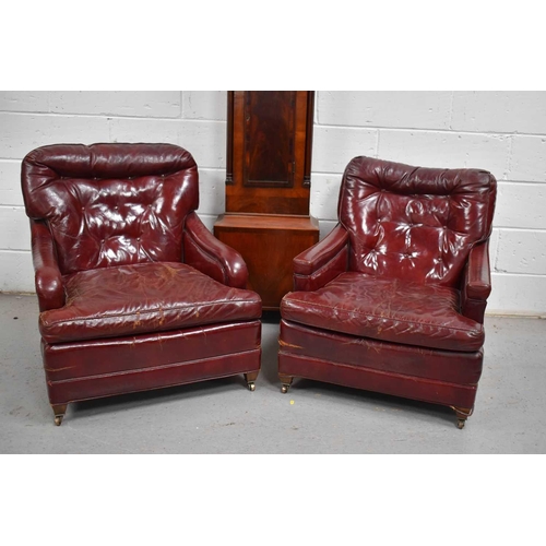 617 - A pair of vintage red leather armchairs and matching stool, made by Century Furniture, Hickory North... 