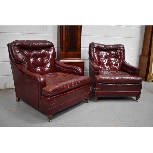 617 - A pair of vintage red leather armchairs and matching stool, made by Century Furniture, Hickory North... 