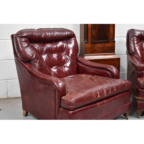 617 - A pair of vintage red leather armchairs and matching stool, made by Century Furniture, Hickory North... 