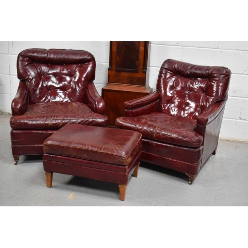 617 - A pair of vintage red leather armchairs and matching stool, made by Century Furniture, Hickory North... 