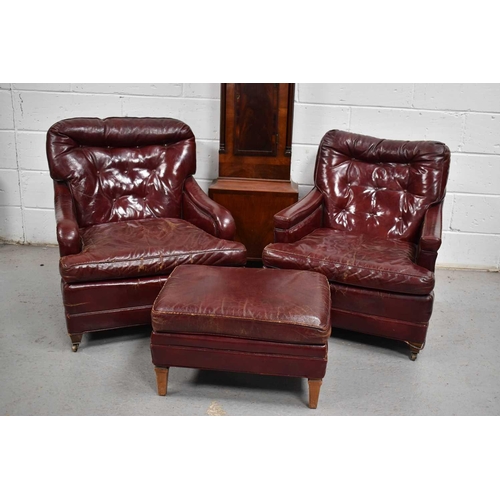 617 - A pair of vintage red leather armchairs and matching stool, made by Century Furniture, Hickory North... 