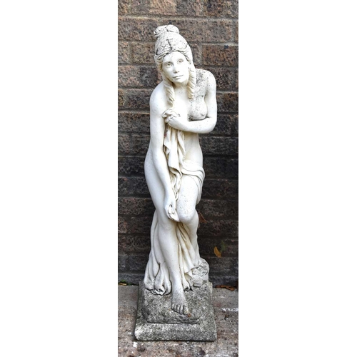 630 - A reconstituted stone garden statue of a female classical figure, 95cm.