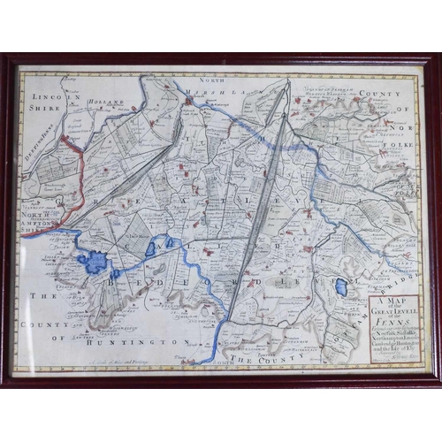 82 - A 17th century map of The Great Levell of the Fenns, hand coloured, surveyed by Jonas Moore, J Harri... 