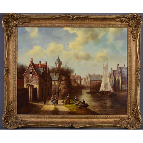 9 - L Meyer (20th century): Old Master Dutch style townscape, with river running through, oil on board, ... 