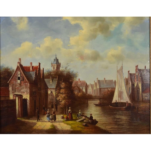 9 - L Meyer (20th century): Old Master Dutch style townscape, with river running through, oil on board, ... 