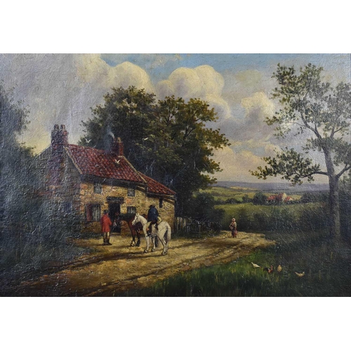 91 - Follower of George Morland (1863-1804): Travellers by a halfway house inn, oil on board, signed G Mo... 