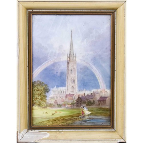 94 - A painted porcelain plaque depicting Louth church with figures in the foreground, signed F. Evans bo... 