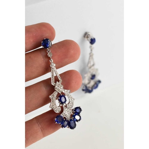 10 - A pair of 18ct gold, diamond and sapphire pendant earrings, 5½cm long, 2cm wide, 15.43g.