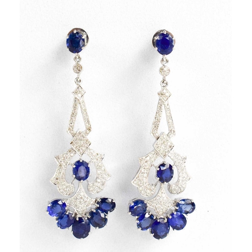 10 - A pair of 18ct gold, diamond and sapphire pendant earrings, 5½cm long, 2cm wide, 15.43g.