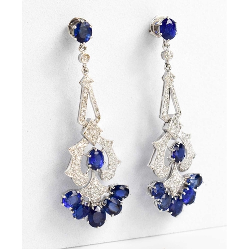 10 - A pair of 18ct gold, diamond and sapphire pendant earrings, 5½cm long, 2cm wide, 15.43g.