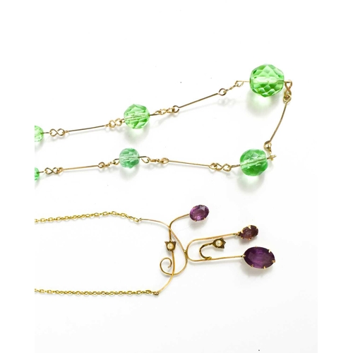 102 - A Edwardian 9ct gold, amethyst and seed pearl set pendant necklace, 3.82g, together with a green gla... 