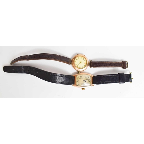 109 - Two 9ct gold cased 1930's gentleman's wristwatches, with Arabic dials and leather straps.