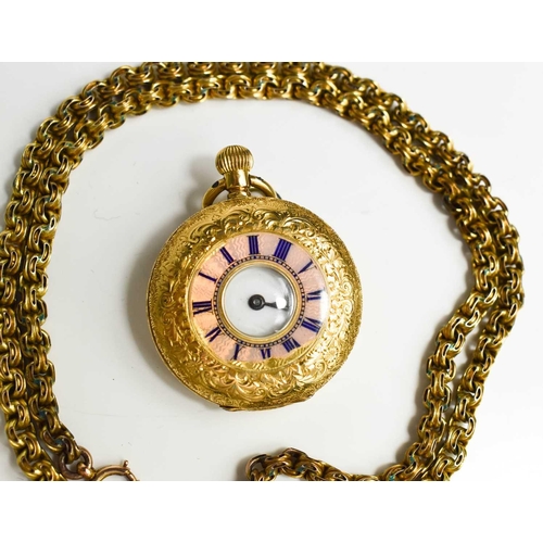 110 - A 19th century half hunter pocket watch, 18ct gold cased, engraved with chased decoration, and an ir... 