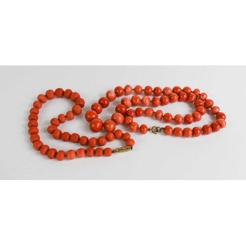 119 - Two Victorian coral necklaces, both with graduated beads, one of reeded design 81.40g, the other of ... 