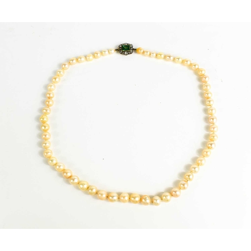 12 - A Georgian pearl necklace, with a gold (tested as 14ct) clasp set with a central emerald bordered by... 