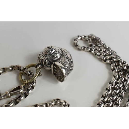 123 - A silver belcher chain with crab claw clasp, and a shell form pendant snuff box embossed with foliat... 