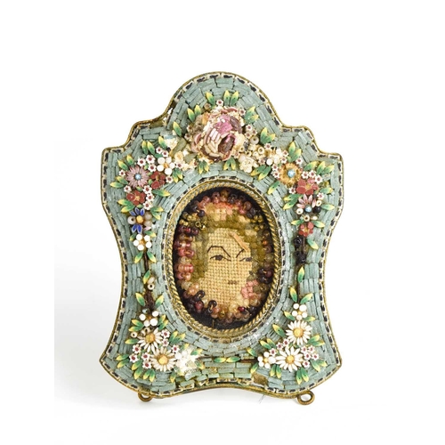 133 - A 19th century Victorian micromosaic miniature frame with needlework and beadwork embroidery, female... 