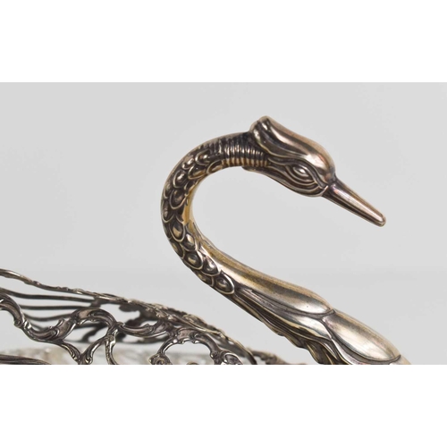 242 - Two silver and cut glass swans, both with articulated wings, the largest marked 925 maker stamp ELo,... 