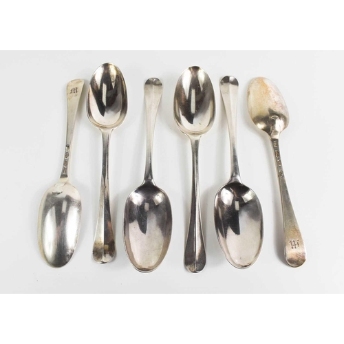 308 - A set of six George II silver tablespoons, in the Hanovarian pattern, monogram engraved, Richard Par... 