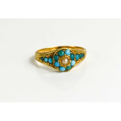 40 - A Georgian gold, turquoise and seed pearl mourning ring, the turquoise cabochons bordering a single ... 