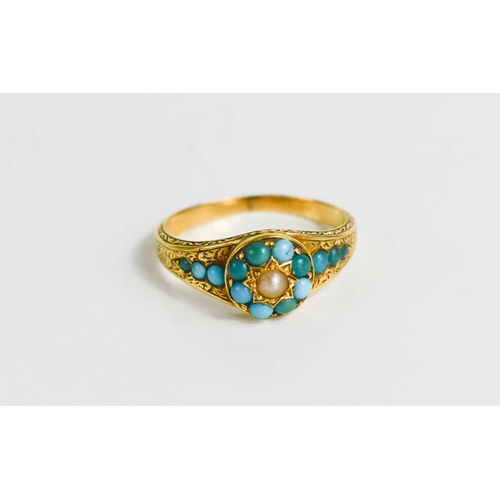 40 - A Georgian gold, turquoise and seed pearl mourning ring, the turquoise cabochons bordering a single ... 