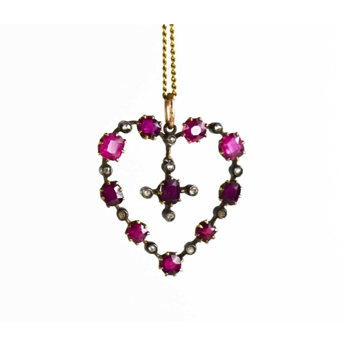 41 - A 19th century 9ct gold, pink ruby and diamond heart form pendant and chain, the heart set with rubi... 