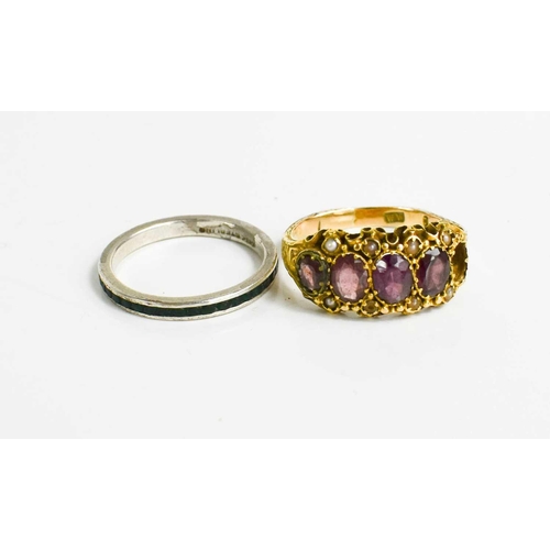 42 - A Victorian gold (tested as 14ct), pink sapphire and seed pearl ring, size P, 2.78g, together with a... 