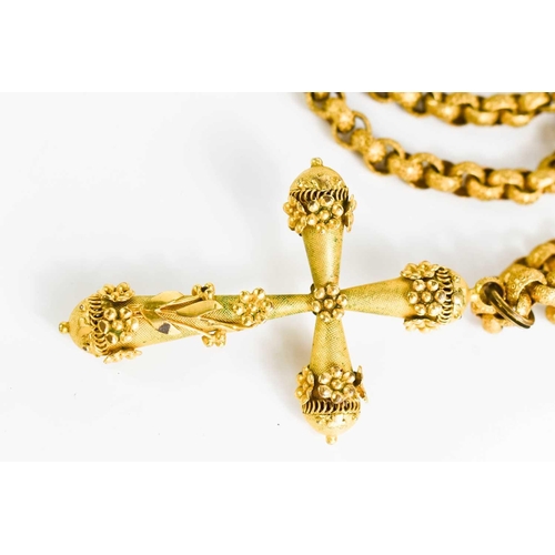 44 - A French 19th century gilt metal cruciform pendant necklace, the clasp inset with amethyst, 129g.