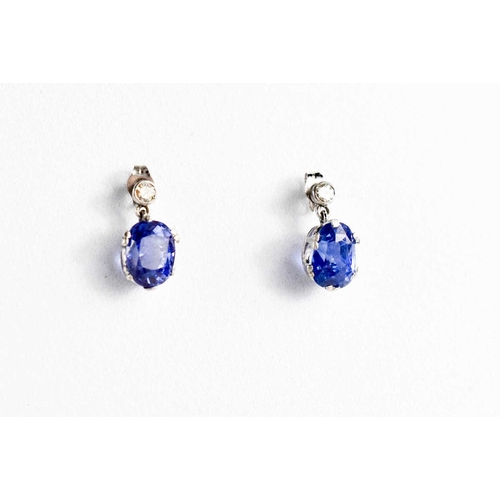 49 - A pair of white gold, blue sapphire and diamond stud earrings, 2.69g.